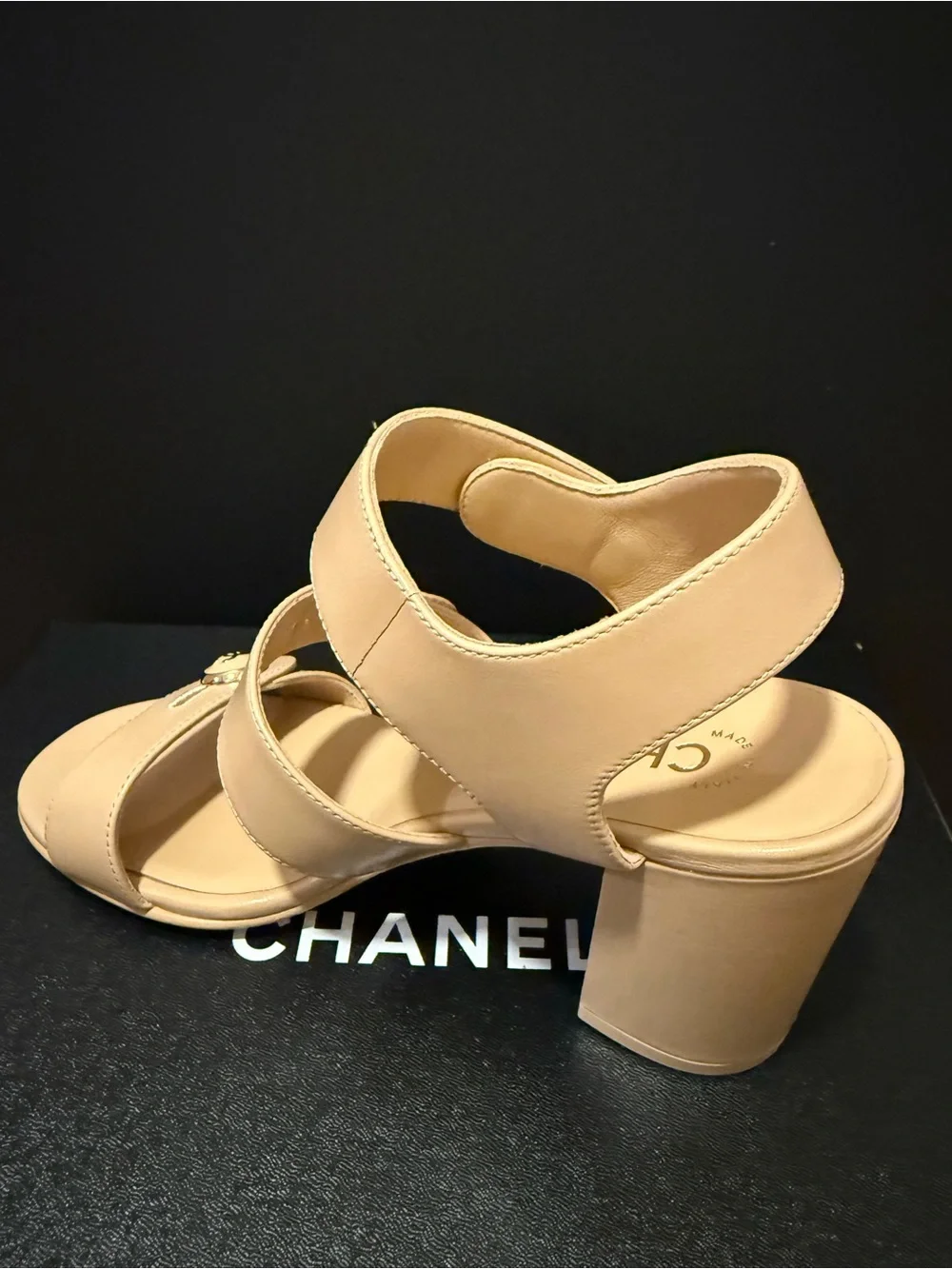 CHANEL Beige Triple-Strap Block Heel Sandals with Gold CC Buttons